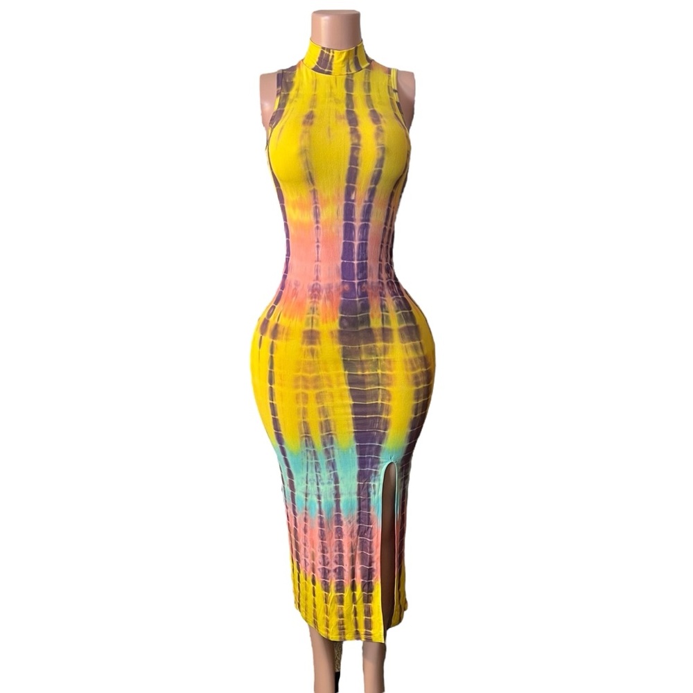 Sleeveless Yellow Tie-Dye Maxi Dress with Side Slit